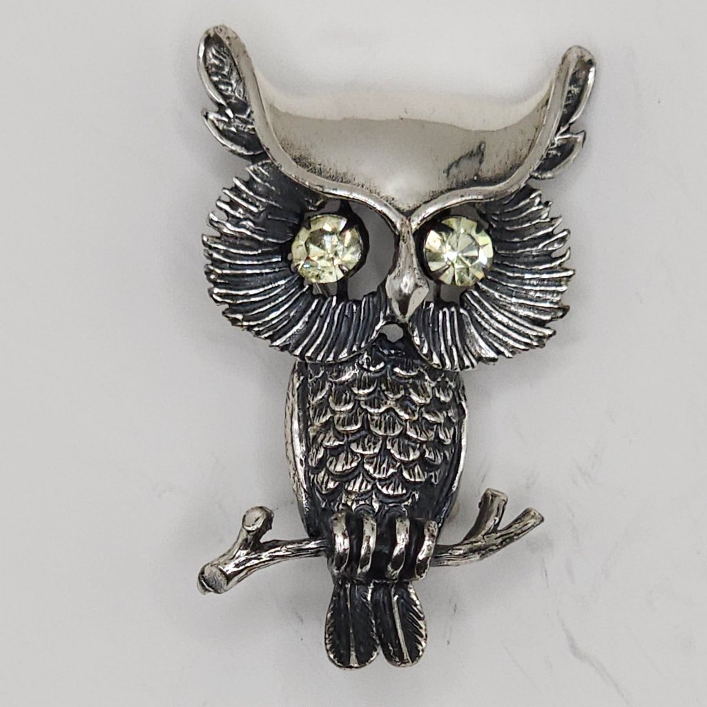 Vintage Beau Sterling Silver Owl With Yellow Crystal Eyes Pin Brooch